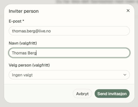 Invitasjonsdialogen i Samlested med felt for e-post, navn og valg av person