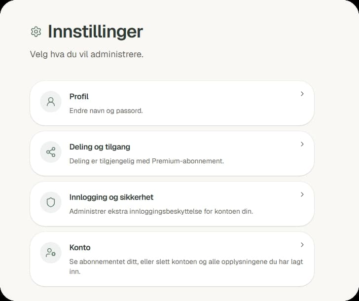 Innstillinger i Samlested med Profil, Deling og tilgang, Innlogging og sikkerhet og Konto