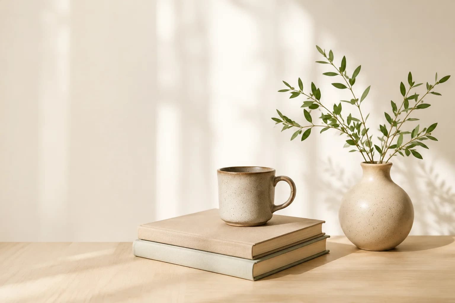 Kaffekopp, bøker og vase med grønne kvister